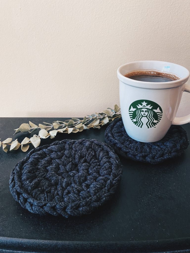 cozy morning coffee crochet coaster t shirt yarn