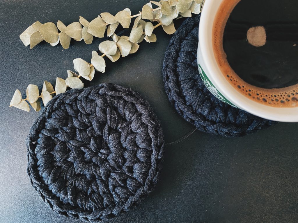 cozy morning coffee crochet coaster t shirt yarn